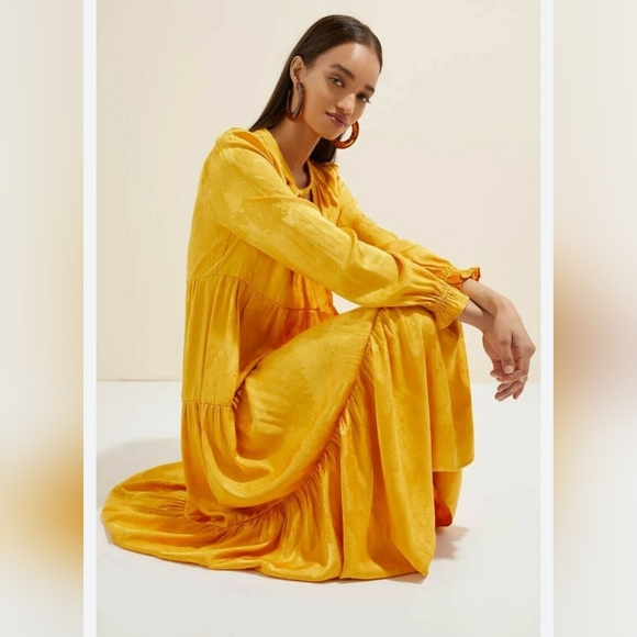 Maeve Anthropologie Maize Yellow Tie Neck Tiered Waist Midi Dress Satin Size XS - Picture 3 of 14